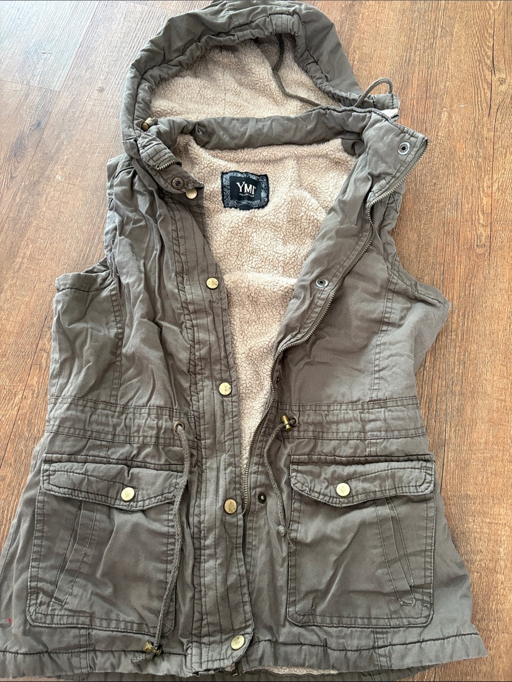 YMI Olive Green Hooded Sherpa-Lined Utility Vest